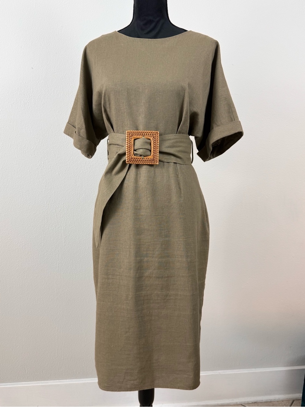 ASOS Olive Midi Dress with Woven Rattan Buckle